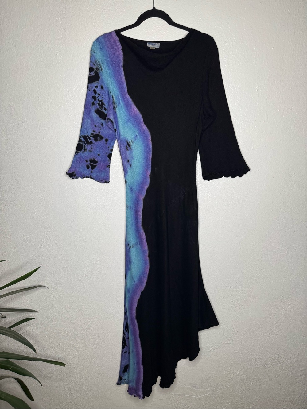 Vintage Whimsy-goth / Bohemian Black Asymmetrical Dress with Purple-Blue Accent